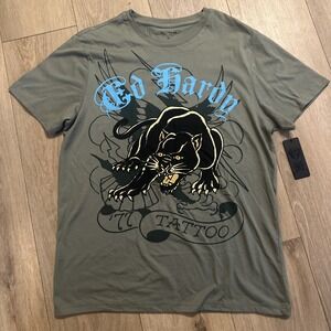 Ed Hardy Shirt Men's Crouching Panther Graphic Tattoo Y2K Streetwear‎ Olive Med